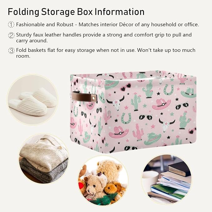 Kigai Storage Basket, Fabric Collapsible Closet Organizer Bin | Western Print Waterproof Foldable Canvas Basket with Handles for Shelves, Nursery, Closet, Bedroom & Bathroom