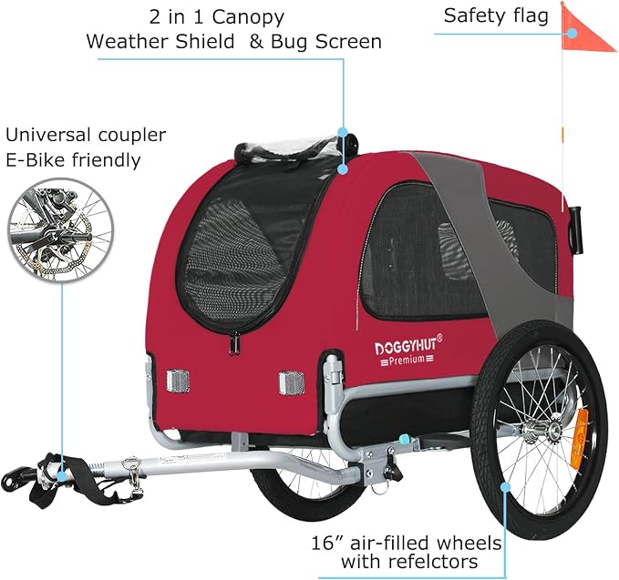 DOGGYHUT® Premium Medium Pet Bike Trailer & Stroller Up to 50 lbs (Red) | Bicycle Trailer for Small or Medium Dogs, Dog Bicycle Carrier, Low Center of Gravity, Folding Frame Cart