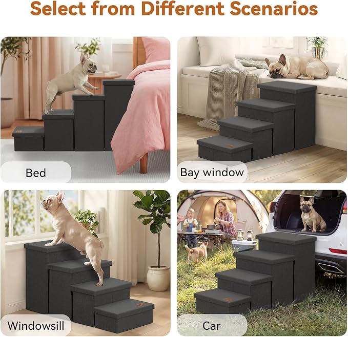 Zerbuger Dog Stairs with Storage, Dark Grey 4 Steps Dog Ramp no Condo | 23" H Wider Dog Steps for High Beds Couch, Folding Storage Pet Stairs Gift for Climbing Small/Medium/Large Old Dogs Cats
