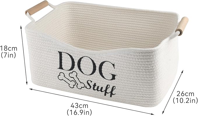 Woven Dog Toy Basket,Dog Stuff Organizer,Collapsible Dog Toy Bin | 100% Cotton Rope Basket with Wood Handles, Dog Organizer for Dog Toys,Collar,Leash,Blankets,Soft and Durable-Beige
