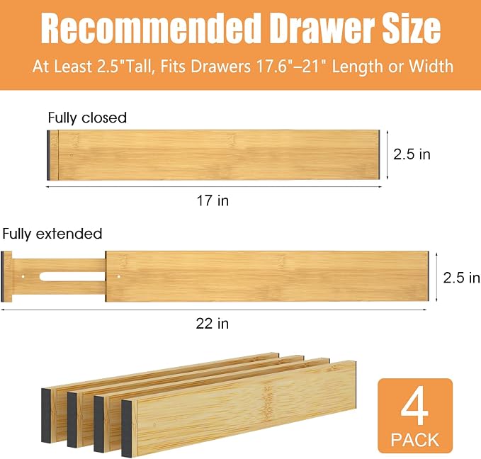 Bamboo Drawer Dividers, Adjustable Drawer Organizers, Fits 17.6–21" Drawers | 2.5" High, 4 Pack Expandable Drawer Separators for Kitchen, Nursery, Dressers & Office Storage, Natural