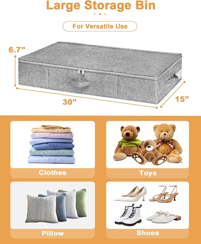 punemi 6.7 in High Under Bed Storage Container with Zipper Lid, 3Pack, Grey | Clothes Storage Bags with 3 Handles & Zippered Lids, Stackable Design, for Clothes, Blankets & Shoes, Ideal for Closet