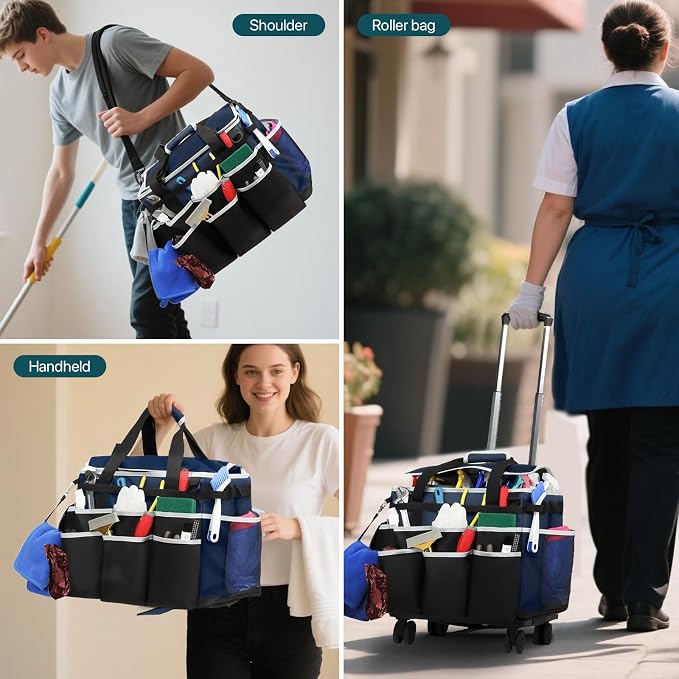 Large Rolling Cleaning Caddy Bag with Detachable Trolley, Full Support Plates for Professional Cleaning Supplies Bag, Organizer Bag with 4 Universal Wheels for Housekeepers, Car Wash (Blue)