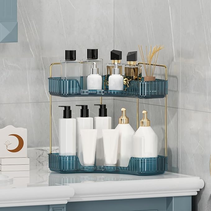 Corner Bathroom Counter Organizer Bathroom Countertop Shelf Makeup Organizer for Vanity Perfume Tray for Corner Storage (2 Tiers, Blue)