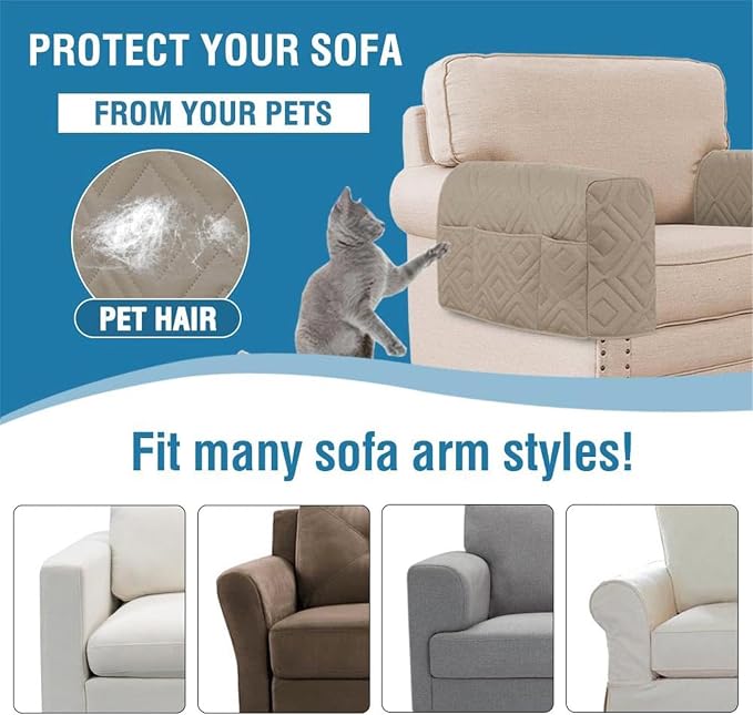 2Pcs Armrest Chair Covers for Sofa Waterproof Couch Arm Covers Armchair Covers for Arms Sofa Arm Covers Sofa Armrest Organizer for Magazine,Tablet,Phone (Khaki)