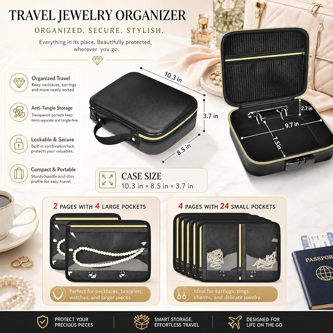 Fireproof Travel Jewelry Organizer Case with Lock & 6 Binder Pages | Silicone-Coated Fiberglass, Tangle-Reducing Layout，Clear Storage Book for Necklaces, Earrings, Rings & Bracelets-Bag Only