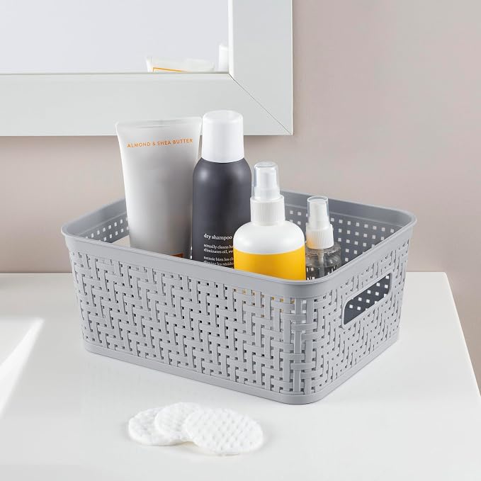 Sterilite 8 Pack Plastic Storage Bin Organization Containers, Small Baskets, Cement
