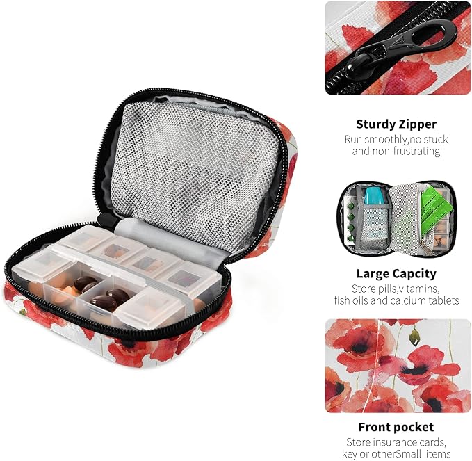 Watercolor Poppy Flowers Pill Box 7 Day Pill Case Travel Pill Organizer Bag with Zipper Portable Weekly Case Compact Size for Vitamin Supplement Holder