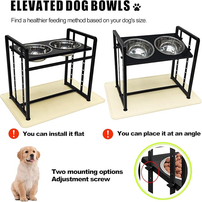 INGIORDAR Dog Bowls Elevated Height Adjustable Raised Dog Bowl Feeding Mat | Metal Pet Food Feeder Dish Station Non-Slip Dog Bowl Stand Stainless Steel Food Water Bowl