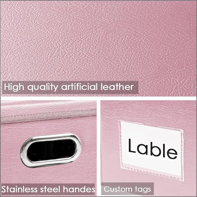 Collapsible Storage Box with Lid [3-Pack] Leather Fabric Foldable Storage Bin Organizer Container Basket Cube with Cover for Home Bedroom Closet Office Nursery Pink(13.6x9.6x6.9)