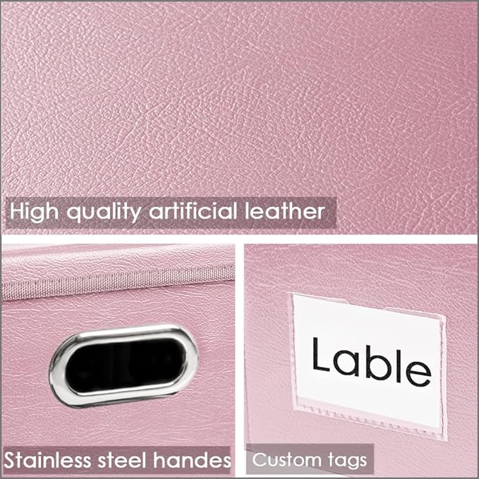 Large Stackable Storage Bins with Lids [3-Pack] Leather Fabric Foldable Storage Boxes Organizer Containers Baskets Cube with Cover for Bedroom Closet Office Nursery Pink (17.7x11.8x11.8)