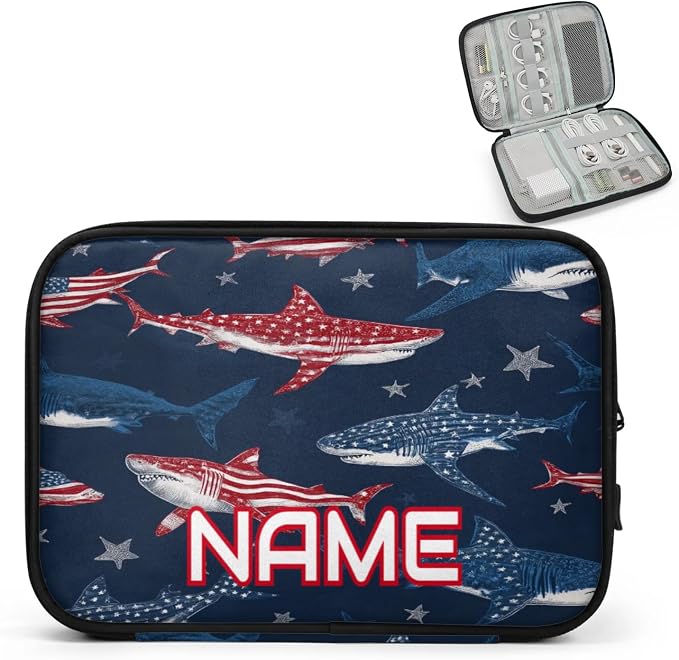 Custom Electronics Organizer Patriotic Sharks Travel Cable Pouch Large Tech Accessories Case Waterproof Cord Storage Bag for Power Bank Charger Phone Earphone
