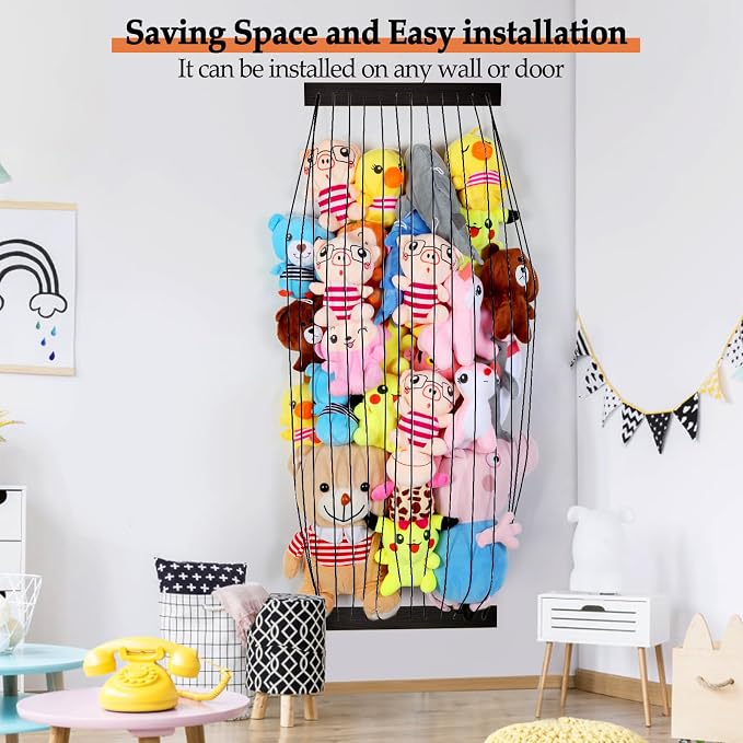 Stuffed Animal Storage Wooden Soft Toy Storage for Kids Room，Wall Mount Door Hanging Stuffed Animal Toy Organizer Shelf for Nursery Play Room Black -Patent