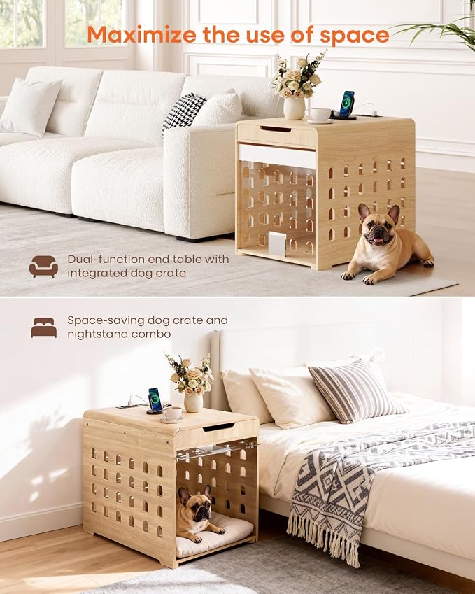 Upgraded Modern Dog Crate Furniture with Charging Station Medium Kennel Indoor with Flip-up Hidden Acrylic Door for Small and Medium Breeds up to 50lb Wood Pet End Side Table Cage, Oak