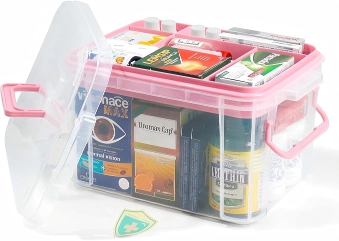 HEY FOLY 15qt Pink Medicine Organizer Storage Box with Tray, Plastic First Aid Box Empty, Thickened Medicine Container Chest, Multipurpose Medical Case with Labels, Medicine Caddy with Lids Handles