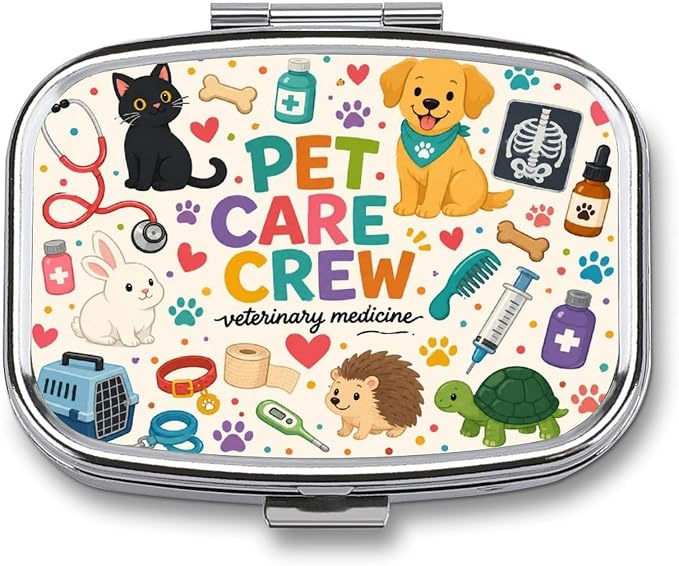 Cute Pet Care Essentials Poster Two Compartment Pill Box Medicine Organizer, Portable Pill Case with Secure Snap Closure for Vitamins Medication Supplements Daily Use