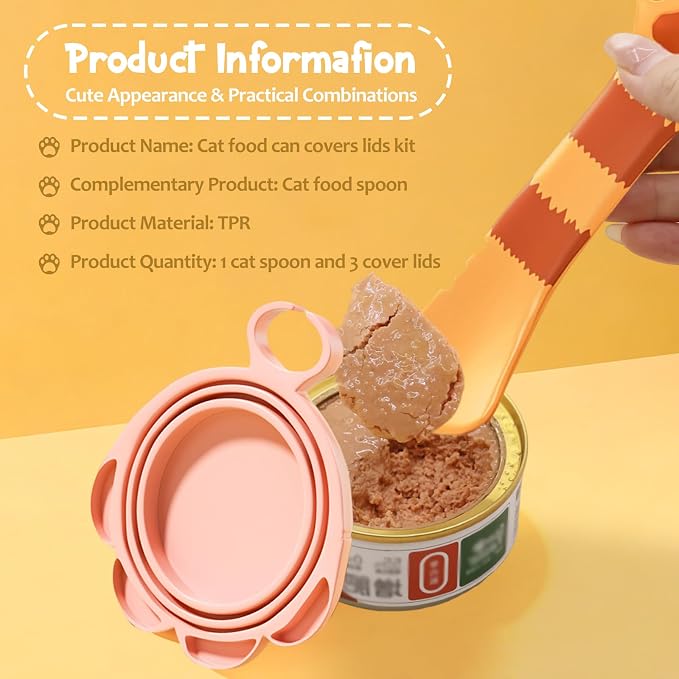 Kerros Cat Food Can Covers with Spoon, Silicone Pet Can Lids | Silicone Pet Food Can Lids with Cute Paw Spoon, for Cat and Dog Wet Food Cans, Storage and Serving