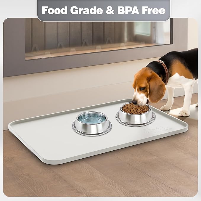 Silicone Dog Food Mat, Waterproof Anti-Slip Pet Feeding Mat with Warped Resistant Raised Edge,Spill-Proof Lip Floor Protection,Dishwasher-Safe Pet Placemat for Dogs & Cats(L 24" x 16" Sand White)