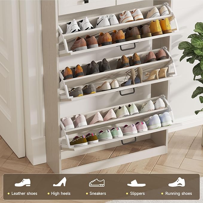 Halitaa Shoe Cabinet with 3 Flip Drawers & 2 Drawers,Freestanding Shoe Storage Cabinet for Entryway,Farmhouse Narrow Slim Organizer Rack for Foyer,Hallway,White