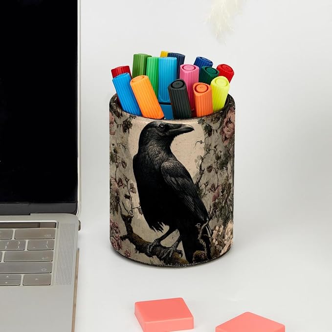 Faux Leather Pen Holder for Desk, Pencil Organizer Crow Pen Cup Desk Decor Makeup Brush Holder Storage for Office Home