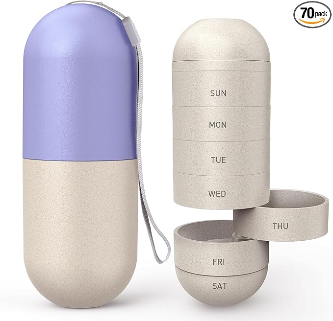 Zannaki Upgrade Large Compartment Grain Fiber Moisture Proof Cute Weekly Pill Organizer, Laser Carving Markings, BPA Free Travel Hiking 7 Day Pill Box Case to Hold Pills,Vitamins,Fish Oil,Supplements