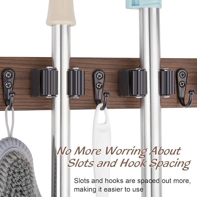 OUTNILI 2 Pack Mop Broom Holder Wall Mount - Wood Broom Mop Hanger - Wall Mounted Garden Tool Rack Organizer for Closet Garage Laundry Room Farmhouse Rustic Kitchen Decor With 4 Slots & 4 Hooks