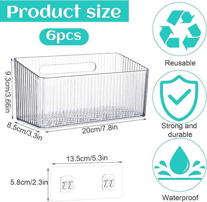 6 Pack Cabinet Organizer, Bathroom Cabinet Door Organizer with Adhesive Hooks, Clear Stackable Inside Cabinets Door Storage Bins, Wall Mounted Acrylic Shower Shelves for Kitchen, Pantry, Office, RV