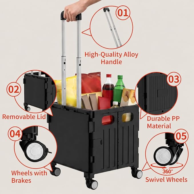 Foldable Shopping Cart with Wheels: Small Rolling Utility Crate | Adjustable Handle, All-Terrain Wheels, Multipurpose Grocery Trolley for Teacher, Market, Office, Luggage, Laundry, Garden