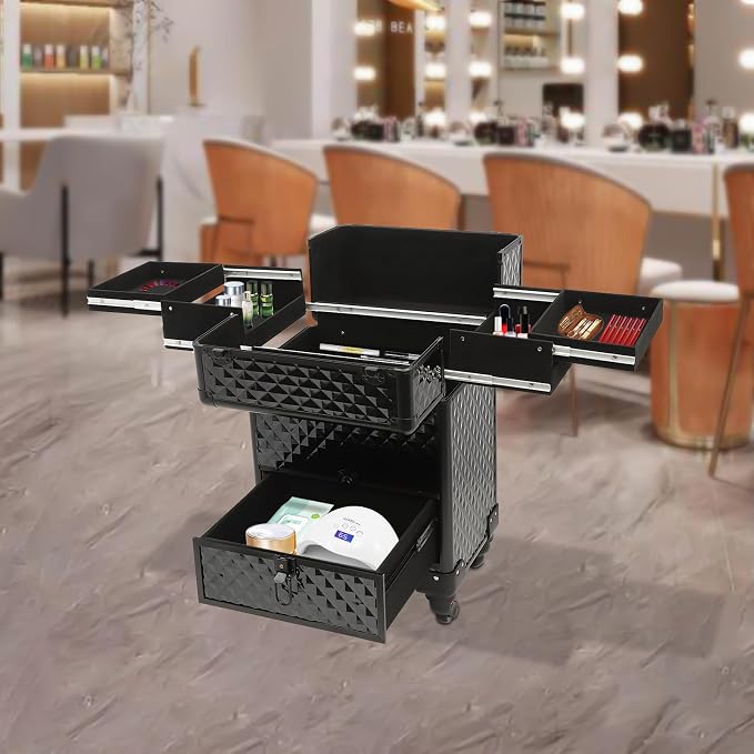 Makeup Rolling Case, Professional Rolling Nail Case Wheeled Manicure Storage Case Polish Organizer w/ Universal Wheels, Portable Adjustable Studio Travel Cart for Nail Technicians Hairstylist (Black)