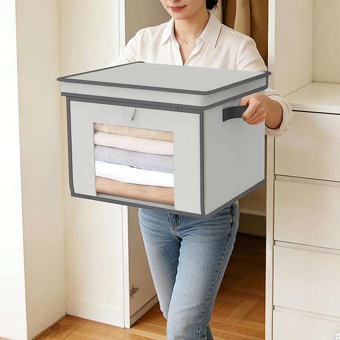 Univivi Front Opening Storage Bins with Lids for Home, Gray, 4 Pack | Foldable Fabric Storage Boxes, Large Closet Organizers and Storage with Clear Window & Handles for Clothing Storage