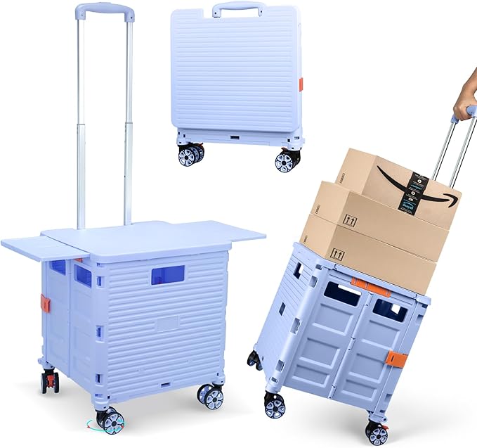 Foldable Utility Cart Folding Portable Rolling Crate with Magnetic Extended Lid,360°Rotate Wheels,176LBS Load Capacity,Heavy Duty Durable Dolly Cart for Teacher Tourist Shopping Office Outdoor