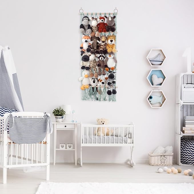 Stuffed Animal Net or Hammock Large Plushie Net Corner 4 Layer Toy Storage | Handmade Stuffed Animal Hammock Net with Boho Macrame Design Corner Organized Saves Space Holder Hanging for Plush Toys Green