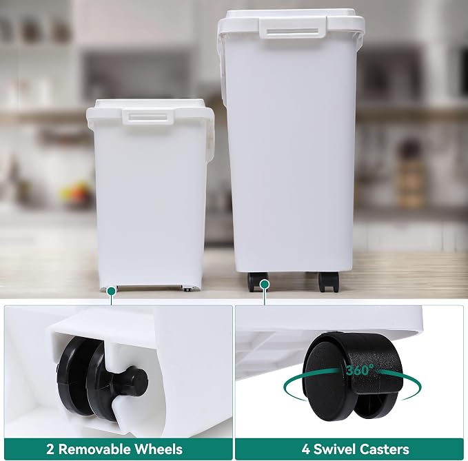 YITAHOME 65L/117lbs Rice Storage Bins, 11.4+5.8 Gal Rice Flour Storage Container with Measuring Cup,BPA Free,Scoop and Wheels for Kitchen| Flour| Pet Food| Grain,2 Counts,White & Black Lid