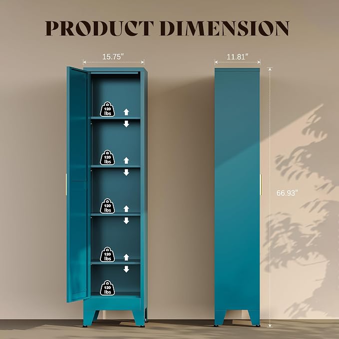 67" H Broom Closet Storage Cabinet,Metal Cleaning Cabinet,Narrow Storage Cabinets with 4 Adjustable Shelves,Slim Tall Floor Cabinet