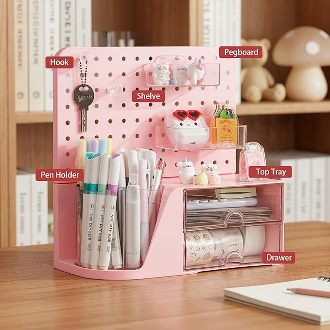 Comix Desk Organizer with 2 Drawer, Pink 360° Rotating Pen Holder for Desk | Desk Organizers and Accessories with 5 Slots Pencil Holder+Pegboard+Drawer, Pen Organizer for Home School Art Office Supplies