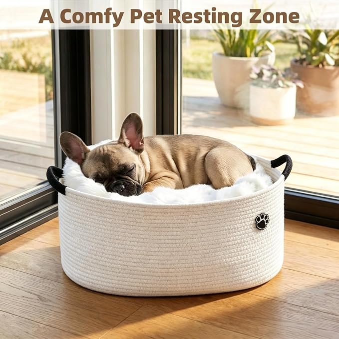 Optish 40L Extra Large Dog Toy Basket, 20" x 14" x 9" XL Toy Storage Box and Bin with Handles, Woven Cotton Rope Foldable Basket for Blankets, Living Room, Bedroom, Home Decor, White