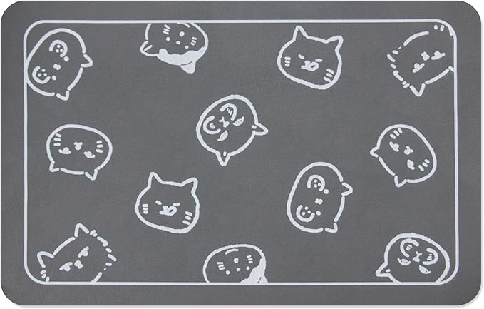 YCT Cat Food Mat for Pet Dog Feeting Mats, Cat Mat for Food and Water, Non-Slip Super Absorbent, with Multiple cat Heads Logo，18.1 x 11.8 inches, Dark Grey
