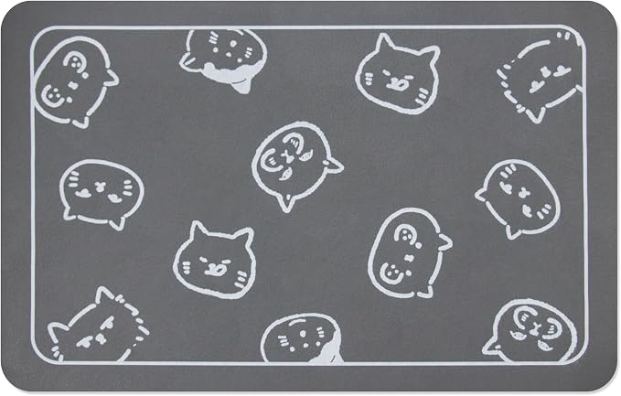 YCT Cat Food Mat for Pet Dog Feeting Mats, Cat Mat for Food and Water, Non-Slip Super Absorbent, with Multiple cat Heads Logo，18.1 x 11.8 inches, Dark Grey (Pack of 2)