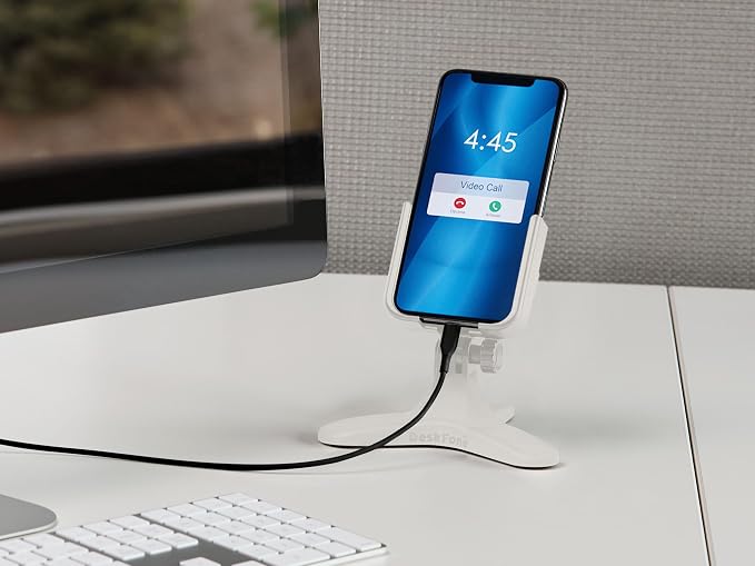 WeatherTech DeskFone Two View in White - Adjustable, Universal Cell Phone Holder Mount Stand for Desk, Counter, Table - Tripod Design for iPhone & Smartphone Charging - White Plastic Knobs