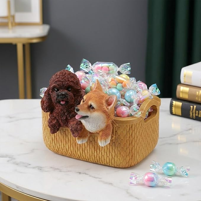 Catchall Bowl Poodle & Shiba Inu Statue - Decorative Entryway Key Holder & Candy Dish - Cute Double Dog Figurine Organizer for Desk & Room Decor - Pet Lover Housewarming Gift