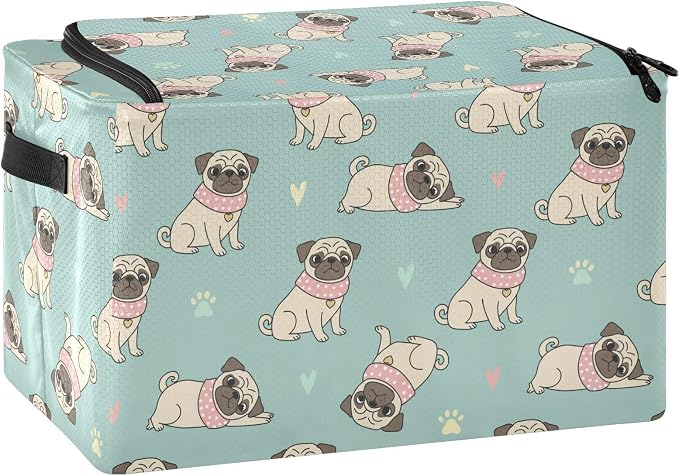 Cute Pets Pug Teal print Under Bed Storage Containers with Double Zipper Openings, Foldable Clothes Storage Bins with Clear Window and Handles for Comforters Bedding Blankets