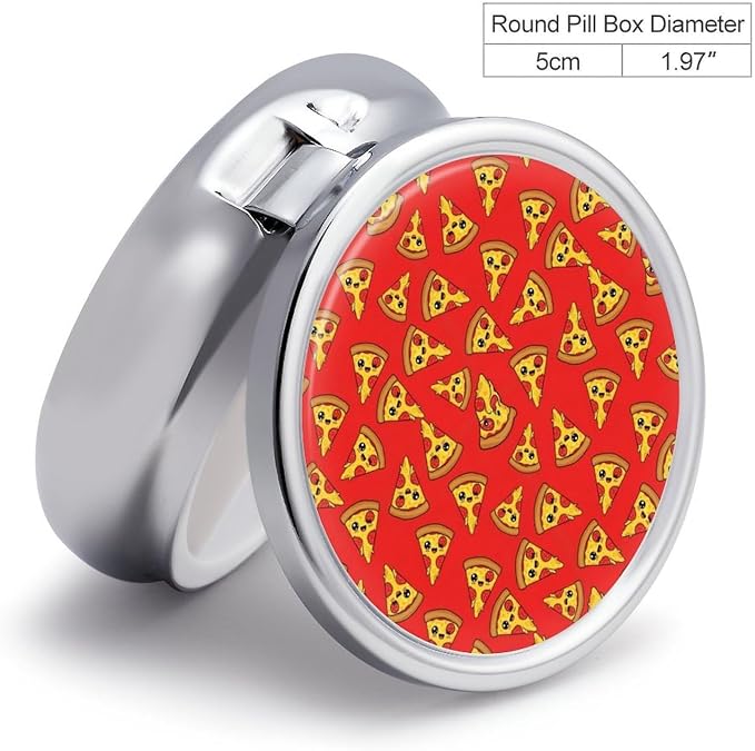 Round Purse Pocket Pill Box Red Cheese Pizza Painting 3 Compartment, Portable Metal Pill Case for Travel Fish Oil Vitamins