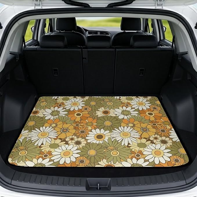 Howilath Vintage White Daisy Car Trunk Mat – 29"x39" Non-Slip Universal Fit Cargo Liner for SUV Sedan Truck Durable Rear Trunk Protector