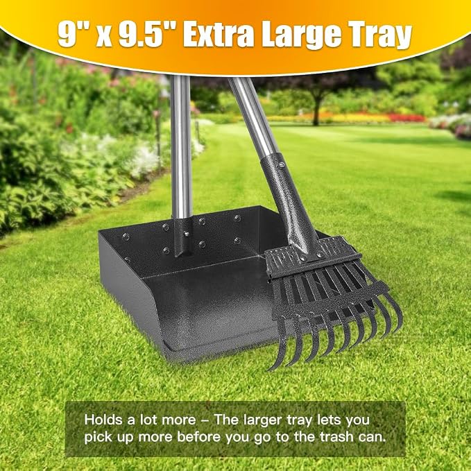 TOOGE Metal Pooper Scooper for Dogs Heavy Duty Long Handle Rake & XL Tray | Poop Scooper for Large Dogs with 9”W 9.5”L Extra Large Tray for Yard, Grass, Dirt & Gravel