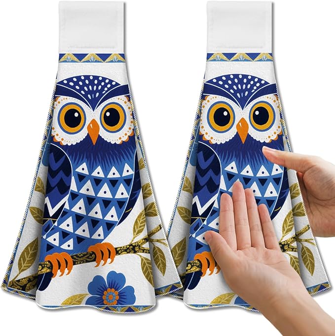 CUTHOLLOW Blue Owl and Flower Hanging Kitchen Towels with Loop, Set of 2 - Soft & Super Absorbent Microfiber Decorative Hanging Dish & Hand Towel, Tea, Coffee Towel for Kitchen Bathroom Oven Handle