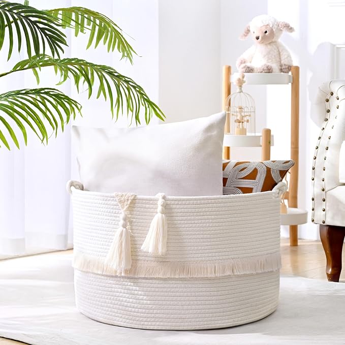 67L Large Blanket Basket, 20"x13" Woven Storage Baskets With Handle, Cotton Rope Blanket Basket Living Room, Baby Laundry hamper for Blanket, Nursery, Toy, Pillow (White)