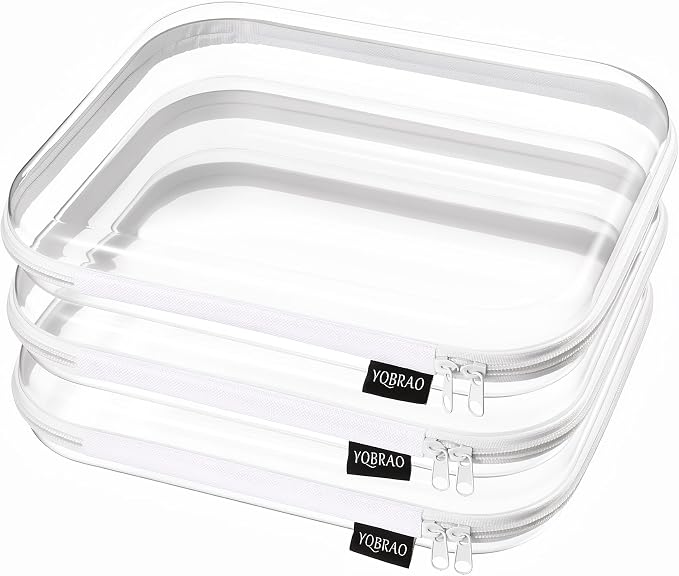YQBRAO Clear Hard Shell Zipper Cases, 3 Large Travel Organizers, White | Rigid 1.2 mm PET and YKK dual zippers for full-size toiletries, makeup palettes, electronics and craft supplies