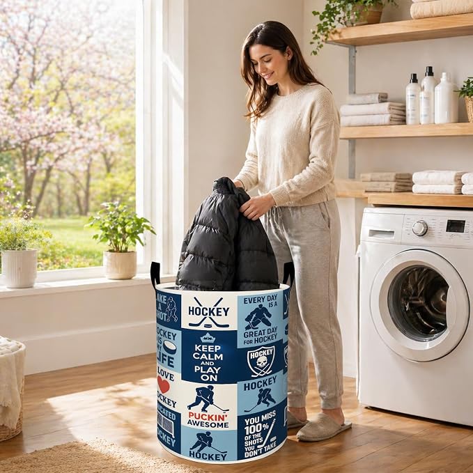Hockey Sport Laundry Basket, Player Stick Puck Oxford Cloth Dirty Clothes Collapsible Hamper for Room Decor, Athletic Gifts, Toy Organizer 19.7 x 15.7 Inches for Bedroom Bathroom Dorm