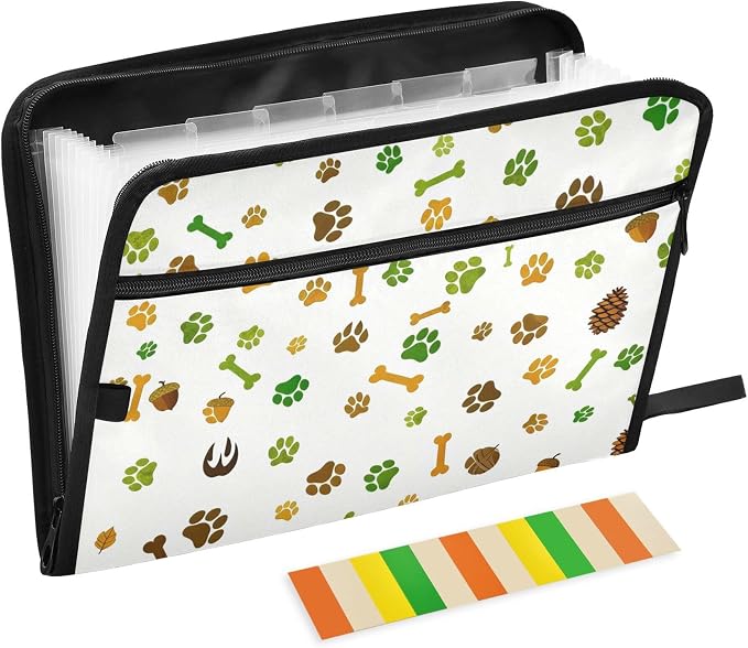 Autumn Pet Paw Print Pattern Expanding File Folder with Sticky Labels, 13 Pockets Accordion File Folder Document Organizer Expandable Zip File Folder with Zipper Closure