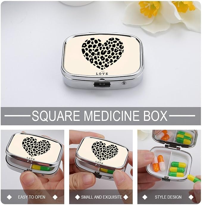 Leopard Print Heart Durable Metal Pill Case for Daily Use, 2 Slot Medicine Box Organizer,Leak Proof Travel Pill Container for Vitamins, Compact Pocket Medicine Holder for Seniors,Holiday Gift